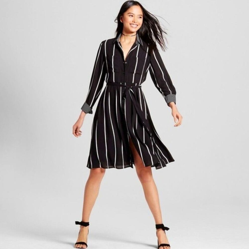 Who What Wear Striped Belted Shirt Dress Black White Midi Long Sleeve Size Small